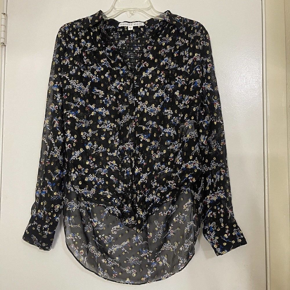 VERONICA BEARD dazed smocked black floral silk button down tie shirt SIze 0 $350